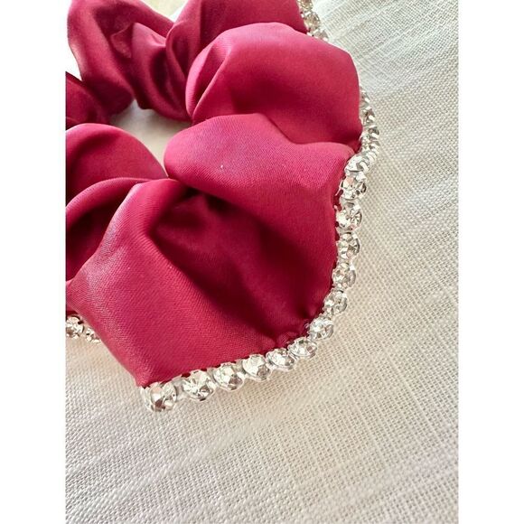 Red satin hair scrunchie with rhinestone trim - Picture 3 of 4